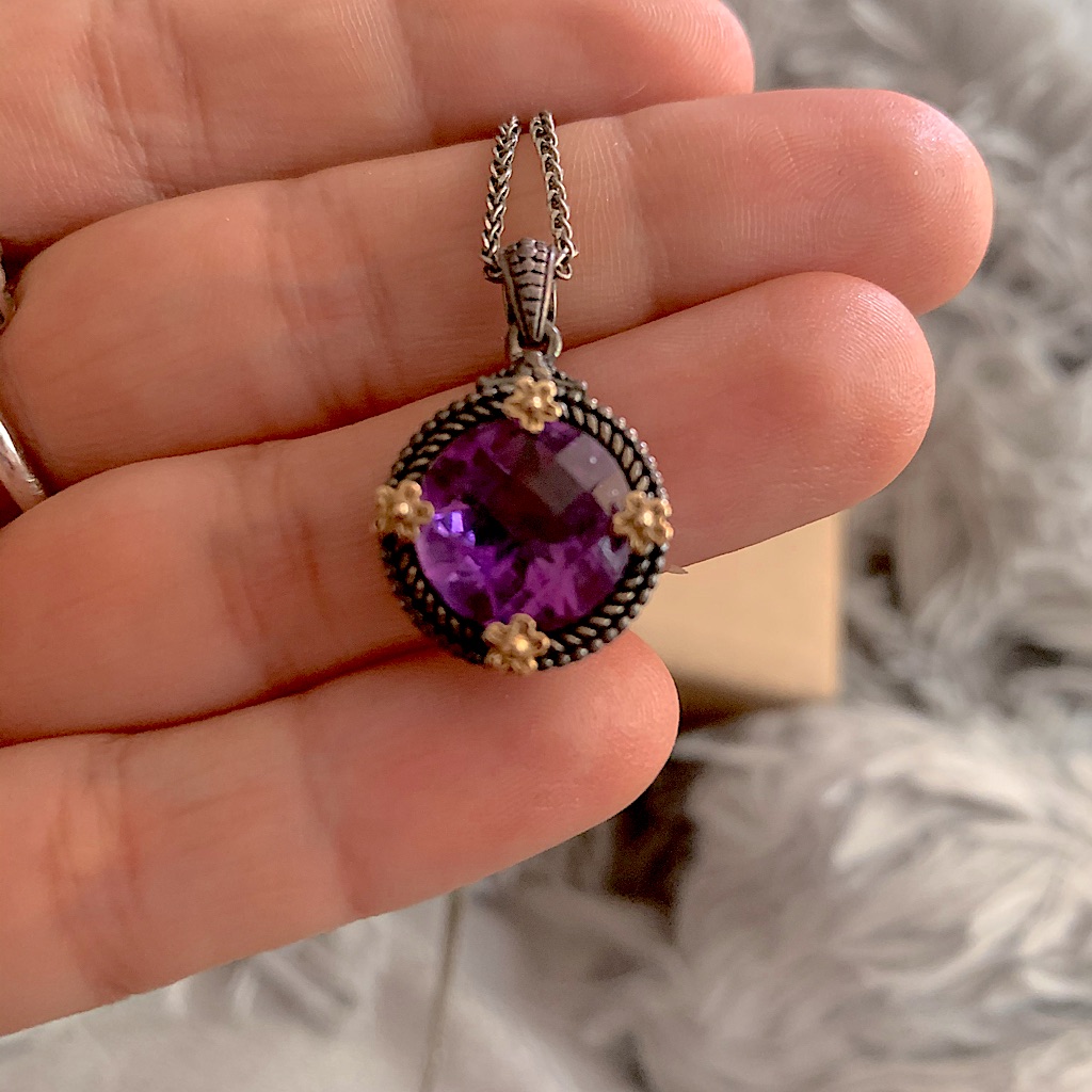 Amethyst, 14k Gold And Silver Necklace . Marked Ae 925 14k